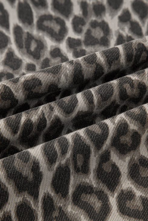 Wide Leg Western Leopard Print Stretch Denim Jeans