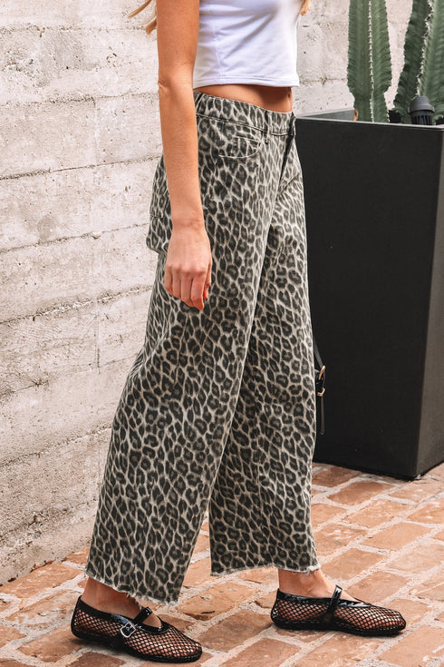 Wide Leg Western Leopard Print Stretch Denim Jeans