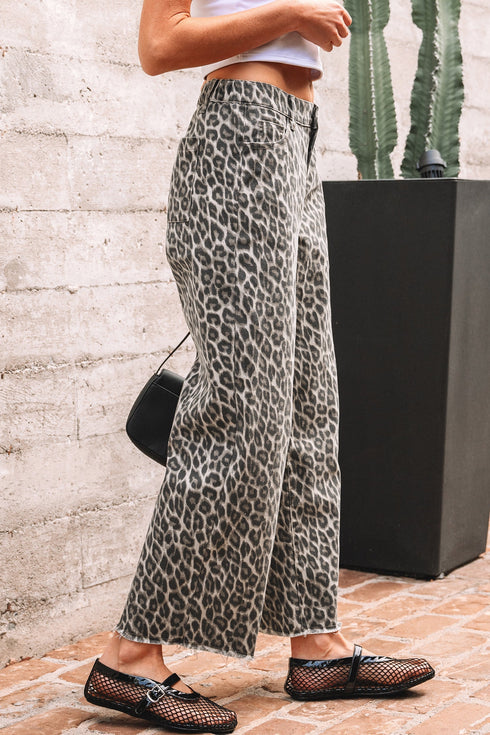 Wide Leg Western Leopard Print Stretch Denim Jeans