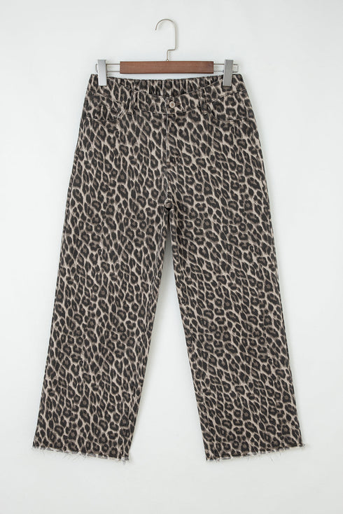 Wide Leg Western Leopard Print Stretch Denim Jeans