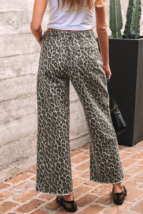 Wide Leg Western Leopard Print Stretch Denim Jeans