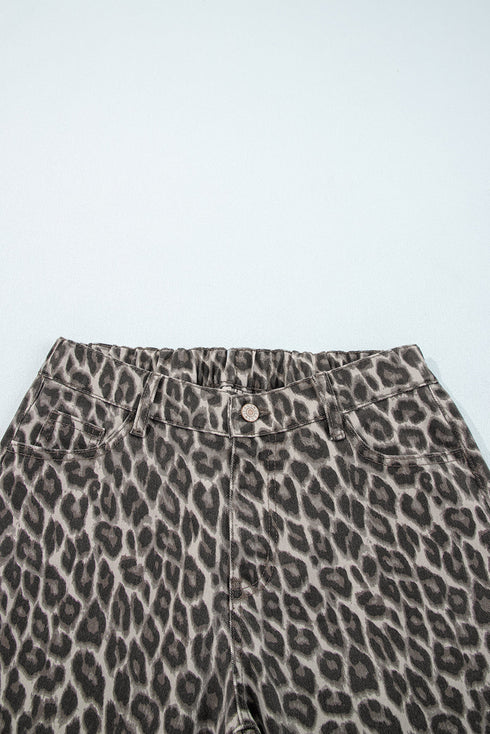 Wide Leg Western Leopard Print Stretch Denim Jeans