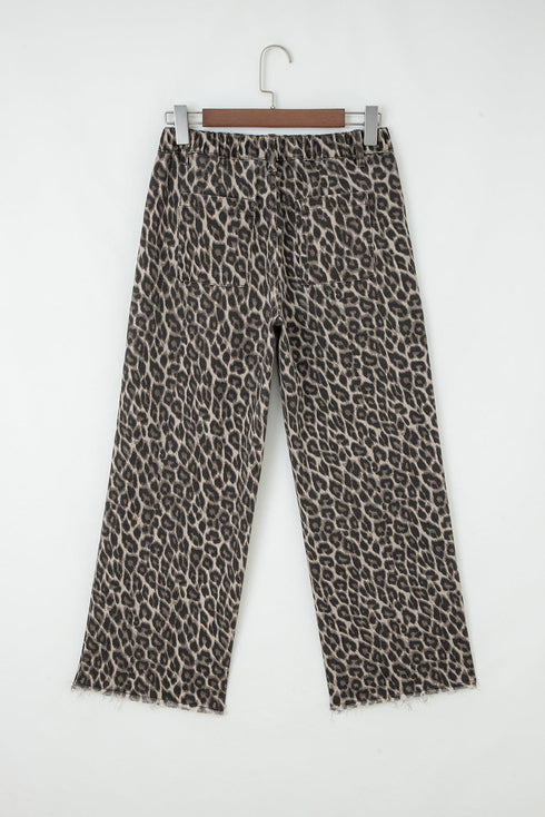 Wide Leg Western Leopard Print Stretch Denim Jeans