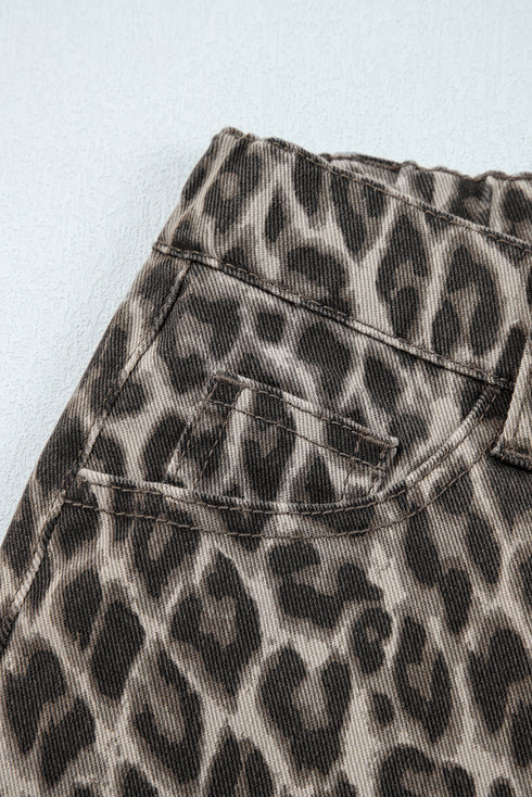 Wide Leg Western Leopard Print Stretch Denim Jeans
