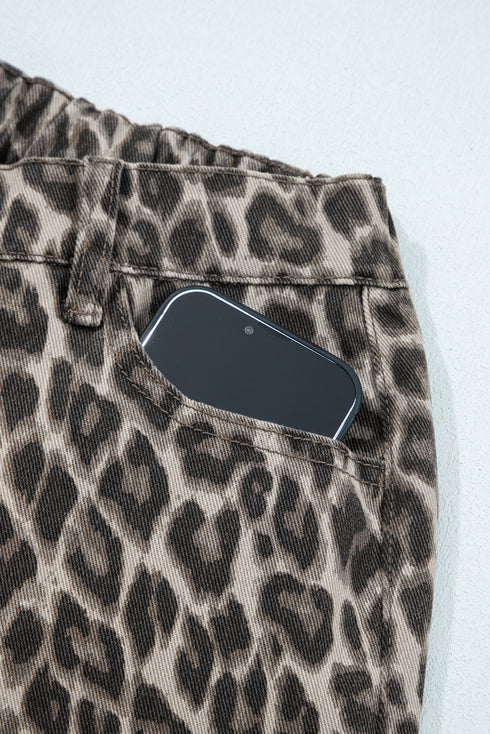 Wide Leg Western Leopard Print Stretch Denim Jeans