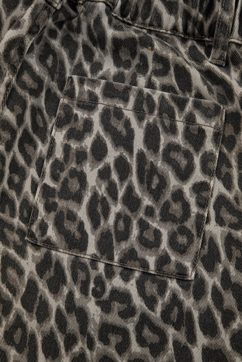 Wide Leg Western Leopard Print Stretch Denim Jeans