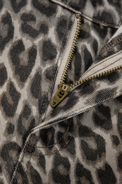 Wide Leg Western Leopard Print Stretch Denim Jeans