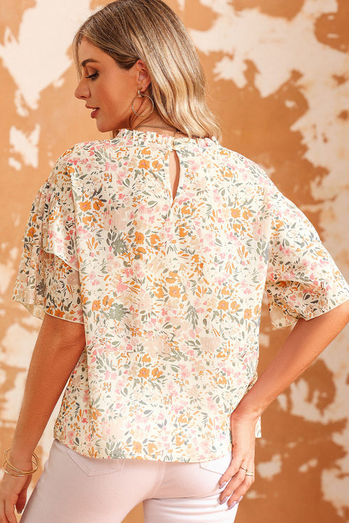 Wide Ruffle Sleeve Floral Print Relaxed Woven Blouse