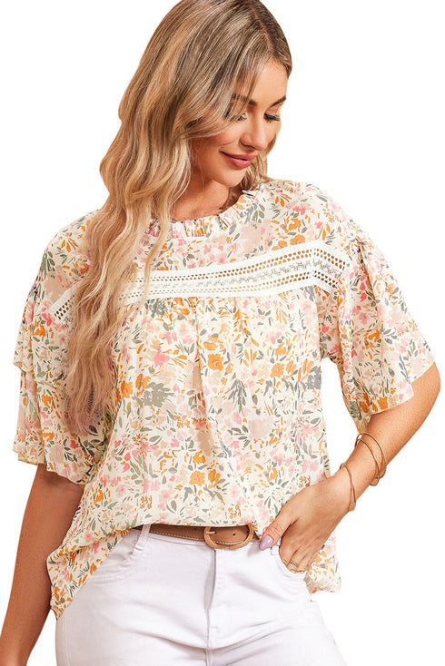 Wide Ruffle Sleeve Floral Print Relaxed Woven Blouse
