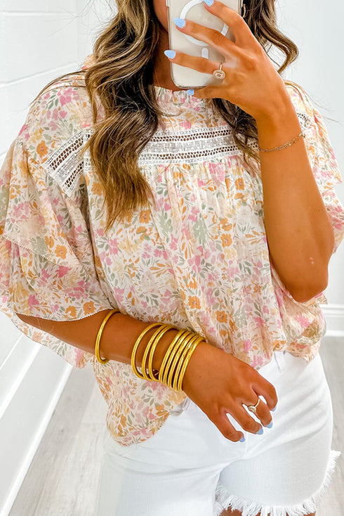 Wide Ruffle Sleeve Floral Print Relaxed Woven Blouse