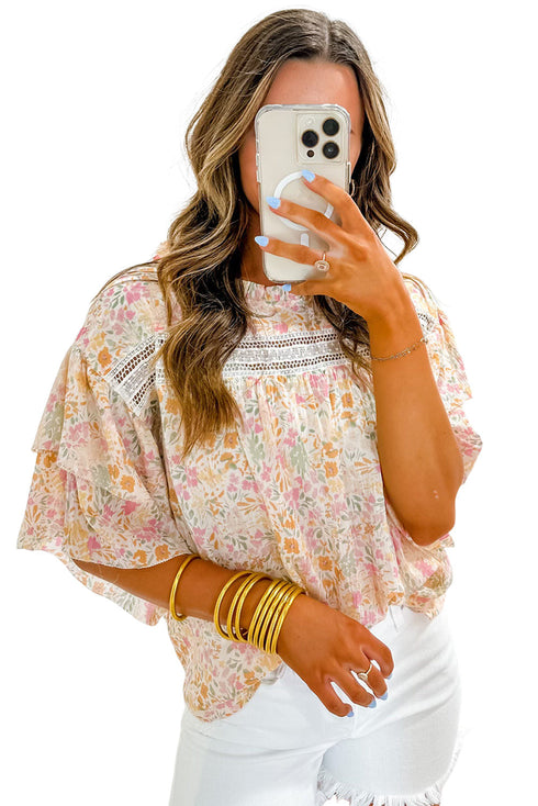Wide Ruffle Sleeve Floral Print Relaxed Woven Blouse