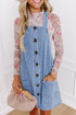 Wide Strap Button Front Pocketed Solid Denim Mini Dress