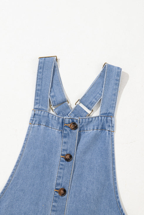 Wide Strap Button Front Pocketed Solid Denim Mini Dress