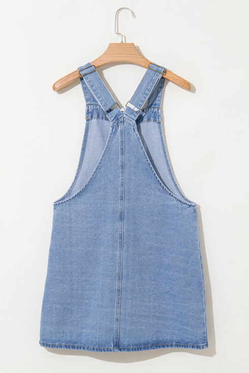 Wide Strap Button Front Pocketed Solid Denim Mini Dress