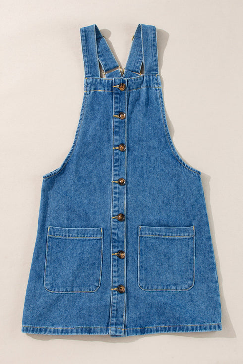 Wide Strap Button Front Pocketed Solid Denim Mini Dress