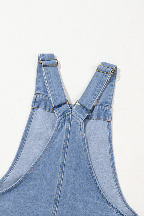 Wide Strap Button Front Pocketed Solid Denim Mini Dress