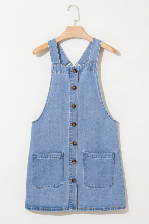 Wide Strap Button Front Pocketed Solid Denim Mini Dress
