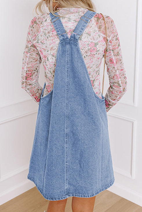 Wide Strap Button Front Pocketed Solid Denim Mini Dress