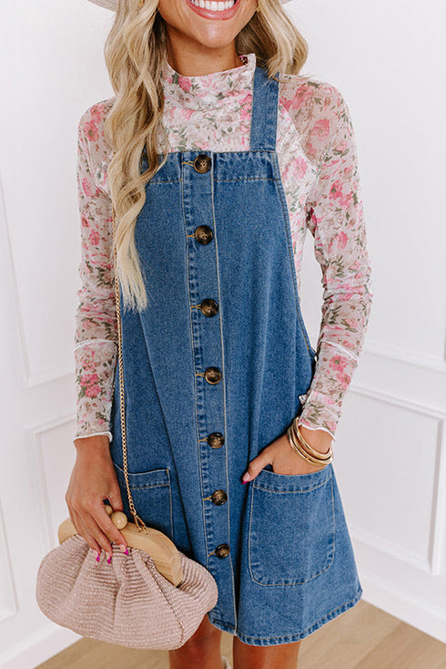 Wide Strap Button Front Pocketed Solid Denim Mini Dress