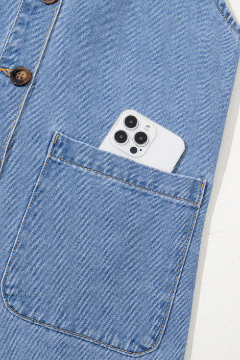 Wide Strap Button Front Pocketed Solid Denim Mini Dress