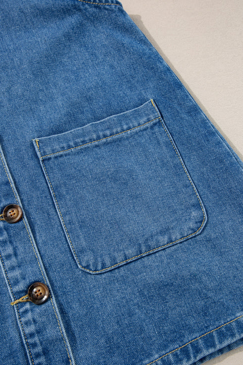 Wide Strap Button Front Pocketed Solid Denim Mini Dress