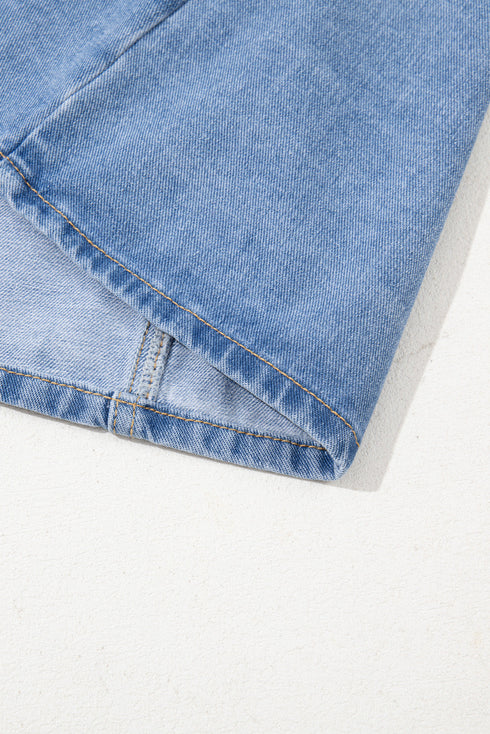 Wide Strap Button Front Pocketed Solid Denim Mini Dress