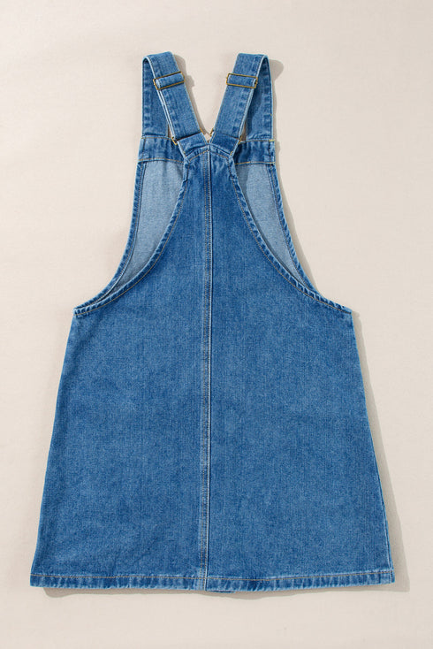 Wide Strap Button Front Pocketed Solid Denim Mini Dress