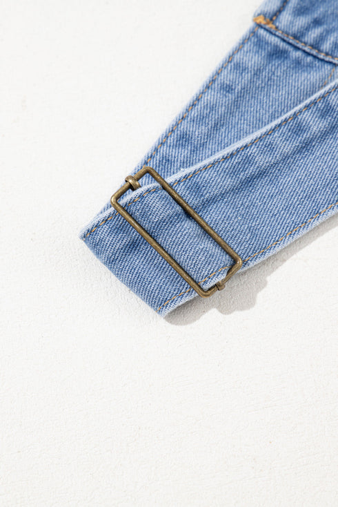 Wide Strap Button Front Pocketed Solid Denim Mini Dress