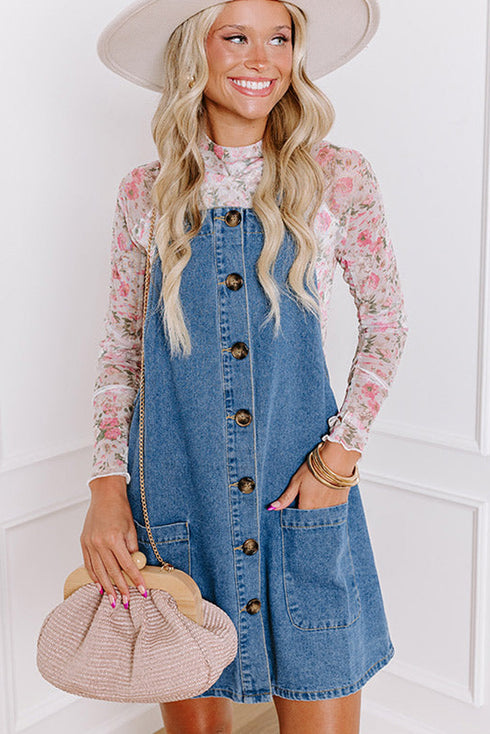 Wide Strap Button Front Pocketed Solid Denim Mini Dress
