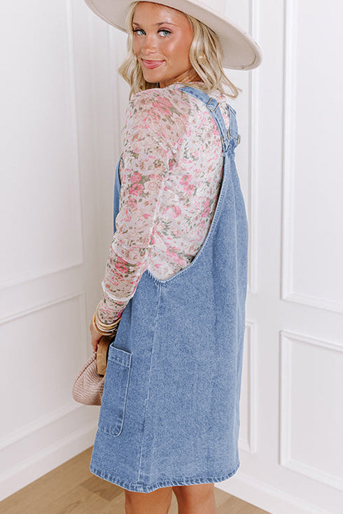 Wide Strap Button Front Pocketed Solid Denim Mini Dress