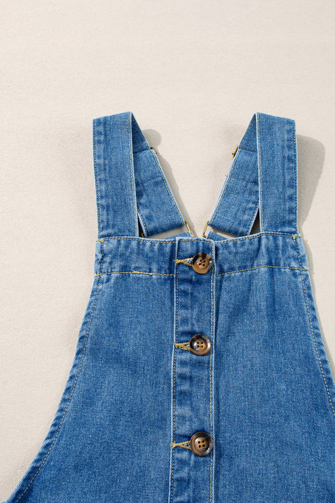 Wide Strap Button Front Pocketed Solid Denim Mini Dress