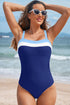 Wide Strap Ruched Color Block One Piece Swimsuit