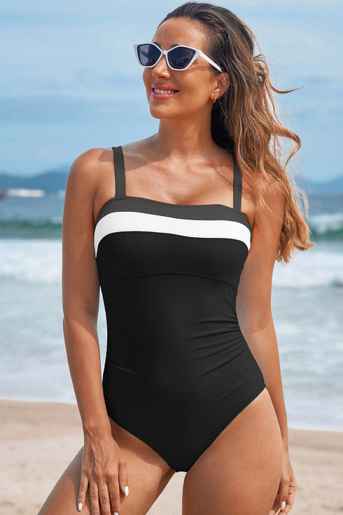 Wide Strap Ruched Color Block One Piece Swimsuit