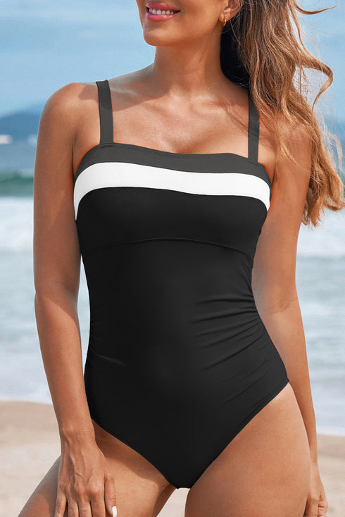 Wide Strap Ruched Color Block One Piece Swimsuit