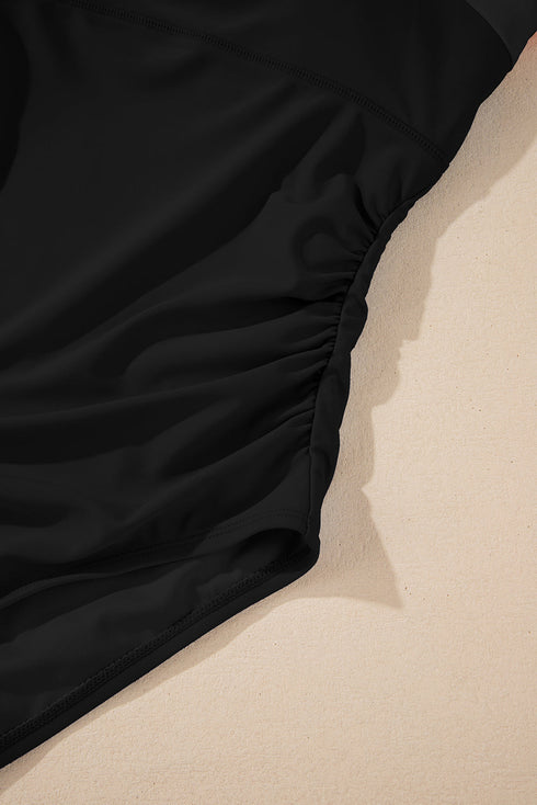 Wide Strap Ruched Color Block One Piece Swimsuit