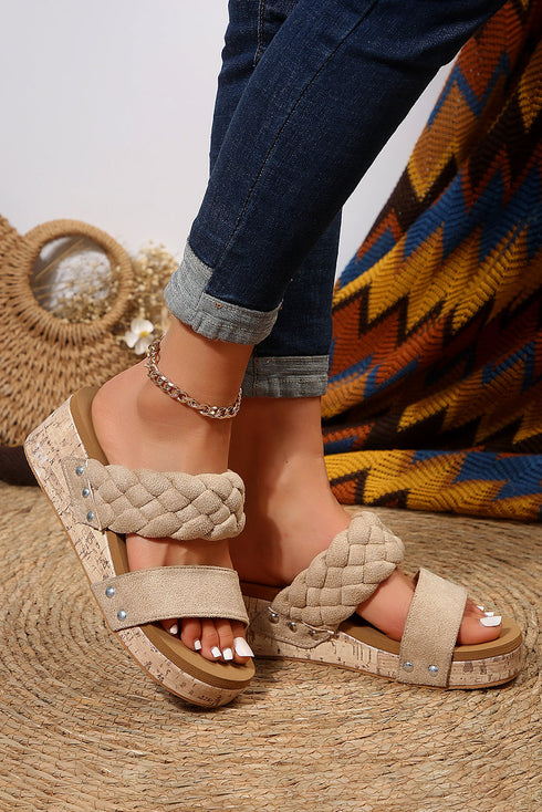 Wide Strap Woven Suede Texture Wedge Slide Slippers