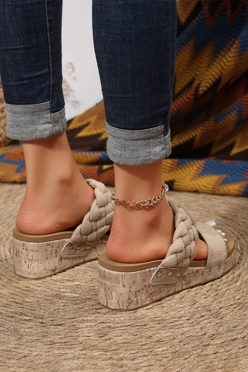 Wide Strap Woven Suede Texture Wedge Slide Slippers