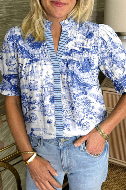 Wild Animal Paradise Striped Detail V Neck Blouse