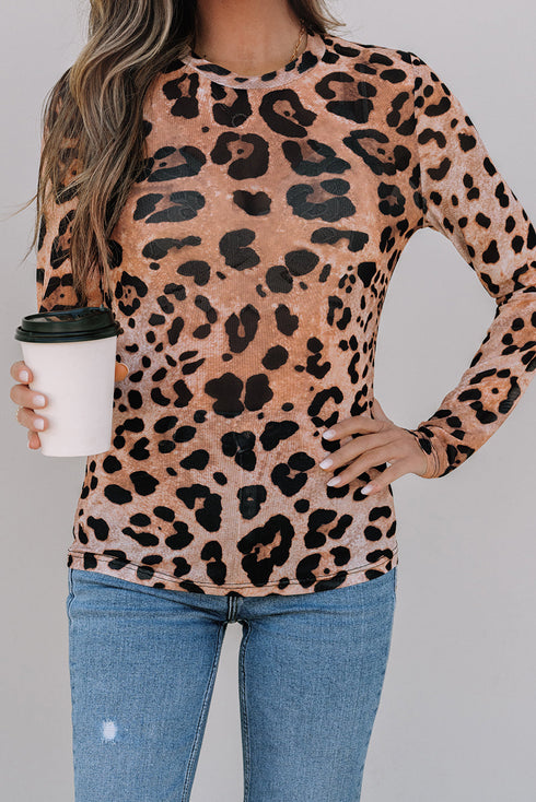 Wild Animal Pattern Sheer Mesh Long Sleeve Slim Top