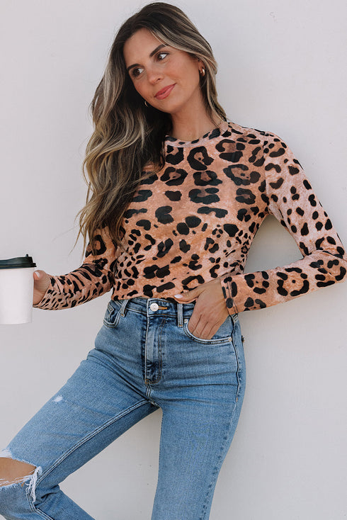 Wild Animal Pattern Sheer Mesh Long Sleeve Slim Top