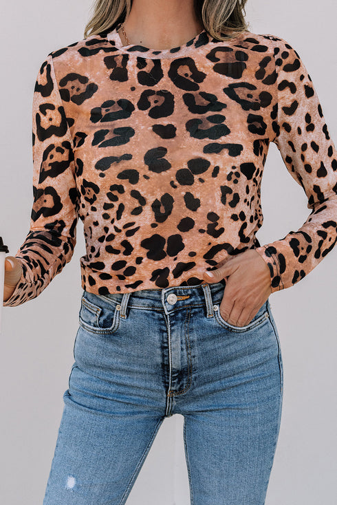 Wild Animal Pattern Sheer Mesh Long Sleeve Slim Top