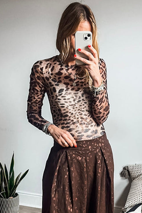 Wild Animal Pattern Sheer Mesh Long Sleeve Slim Top