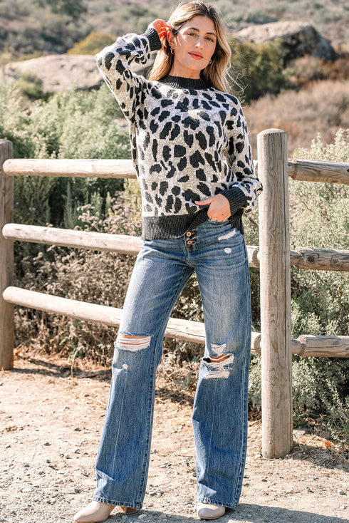 Wild Animal Print Mock Neck Knit Sweater