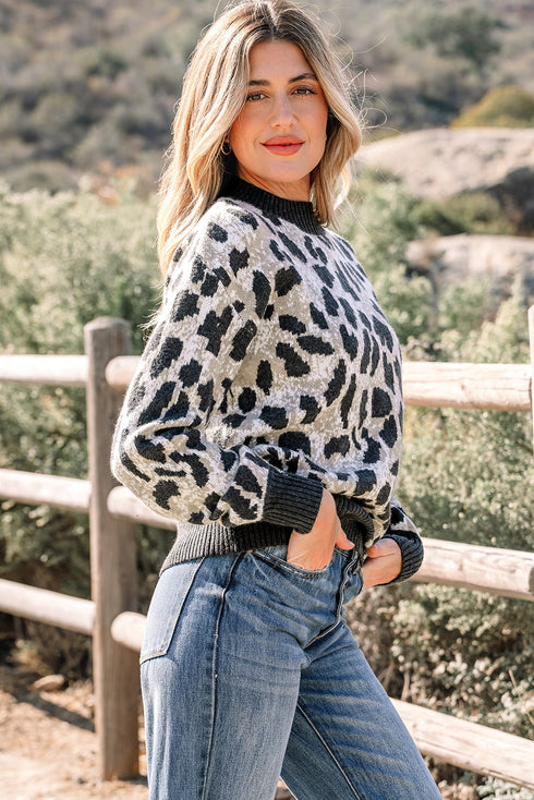 Wild Animal Print Mock Neck Knit Sweater