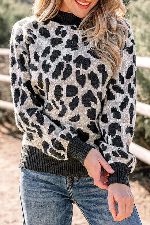 Wild Animal Print Mock Neck Knit Sweater