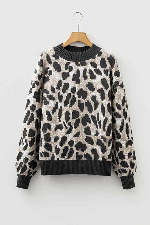 Wild Animal Print Mock Neck Knit Sweater