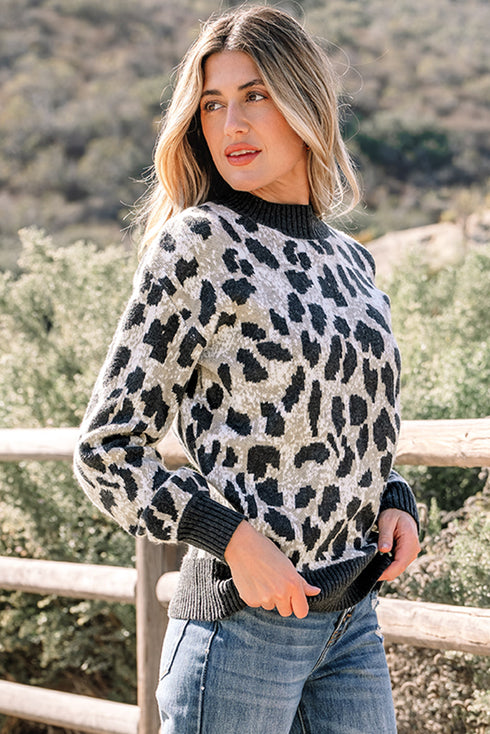 Wild Animal Print Mock Neck Knit Sweater