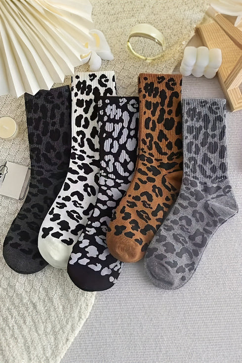 Wild Animal Print Ribbed Knit Crew Socks