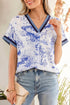 Wild Animal Print Striped Trim Short Sleeve V Neck Blouse