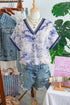 Wild Animal Print Striped Trim Short Sleeve V Neck Blouse